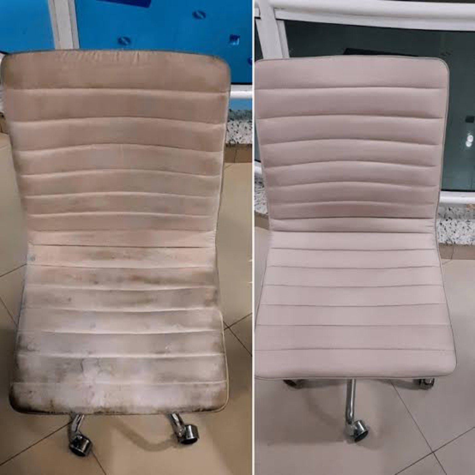 Cadeira estofada antes à esquerda e depois à direita
