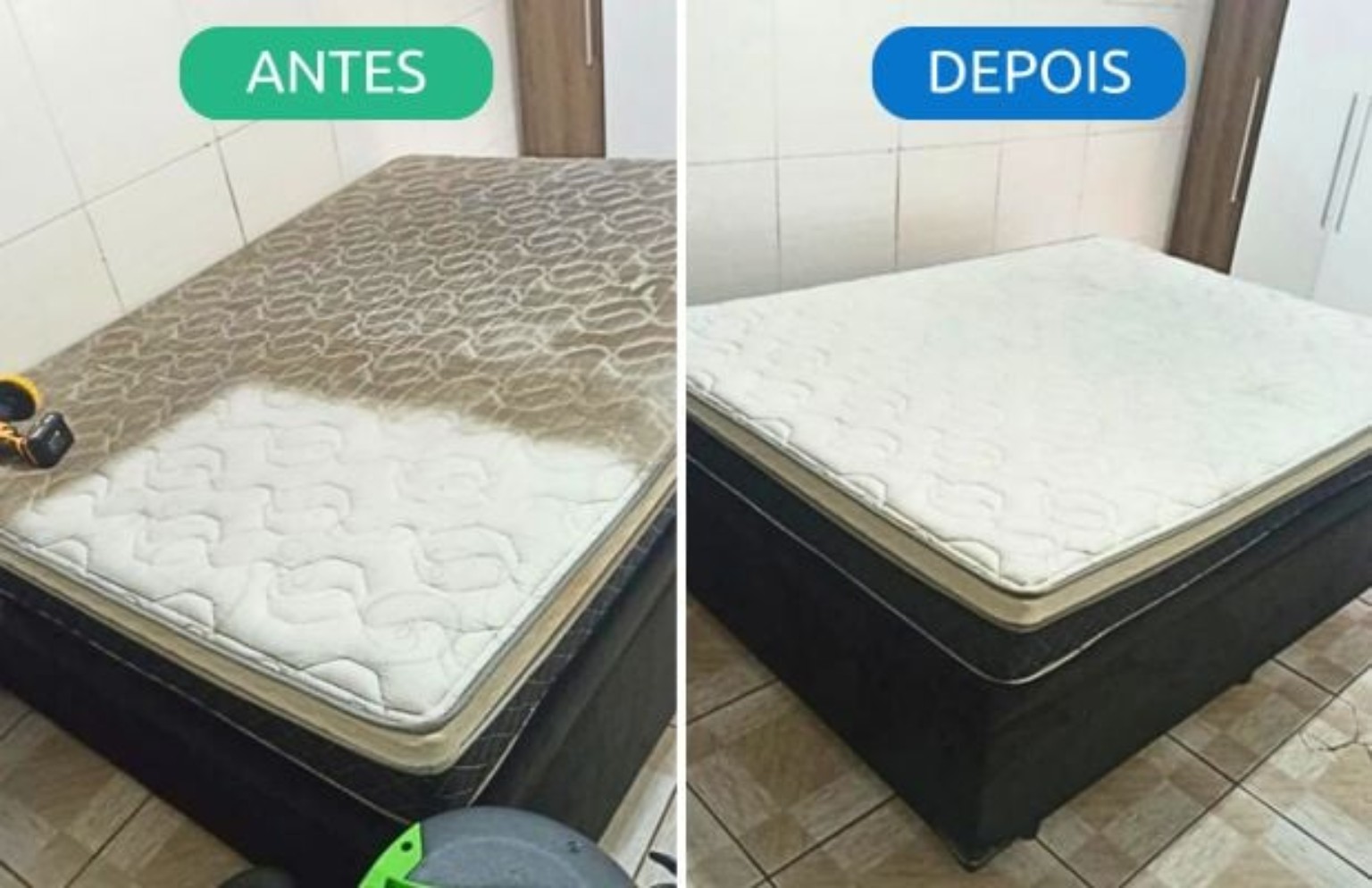 Antes e depois da higienização de colchão, com comparativo lado a lado