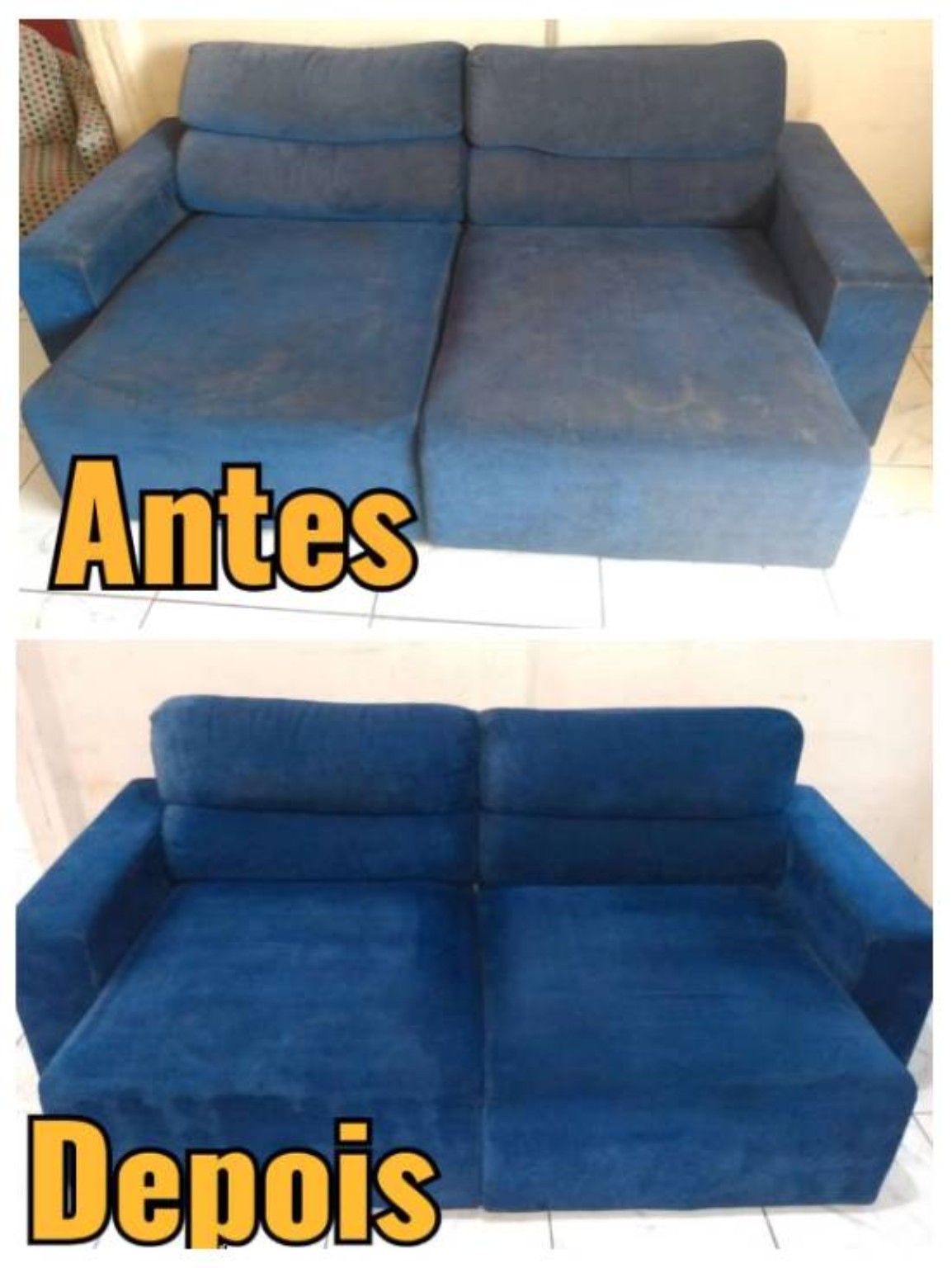 Comparativo de sofá azul com foto antes acima e foto depois abaixo