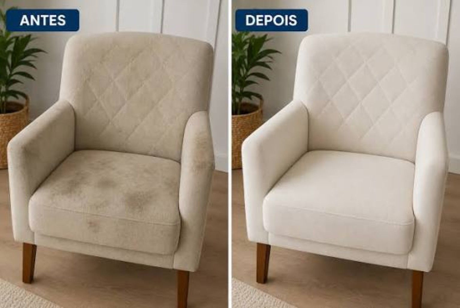Poltrona clara antes à esquerda e depois à direita