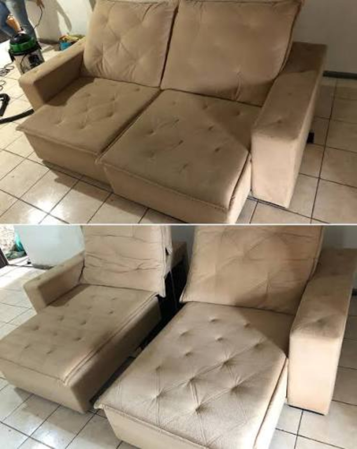 Sofá de dois lugares antes acima e depois abaixo